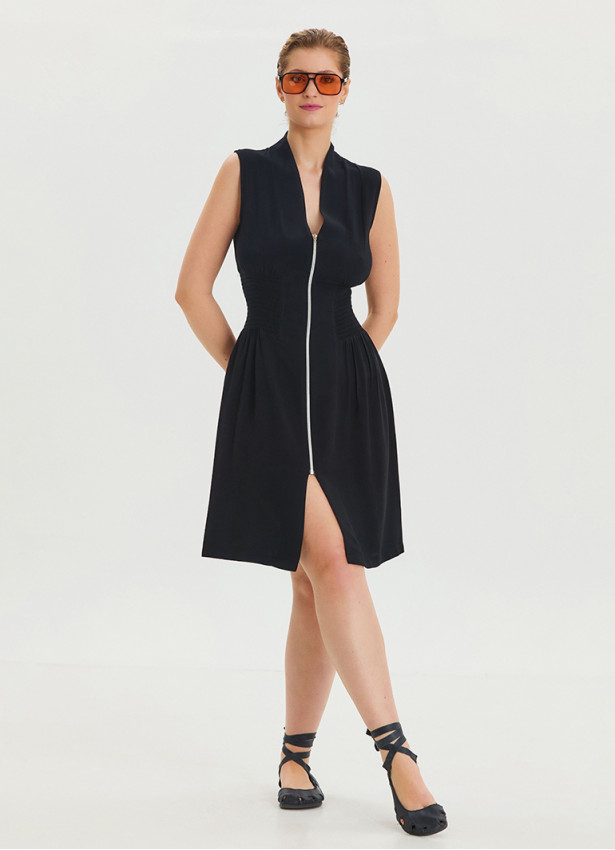 Black Summer Dress with Stand Collar and Zipper Detail 4442